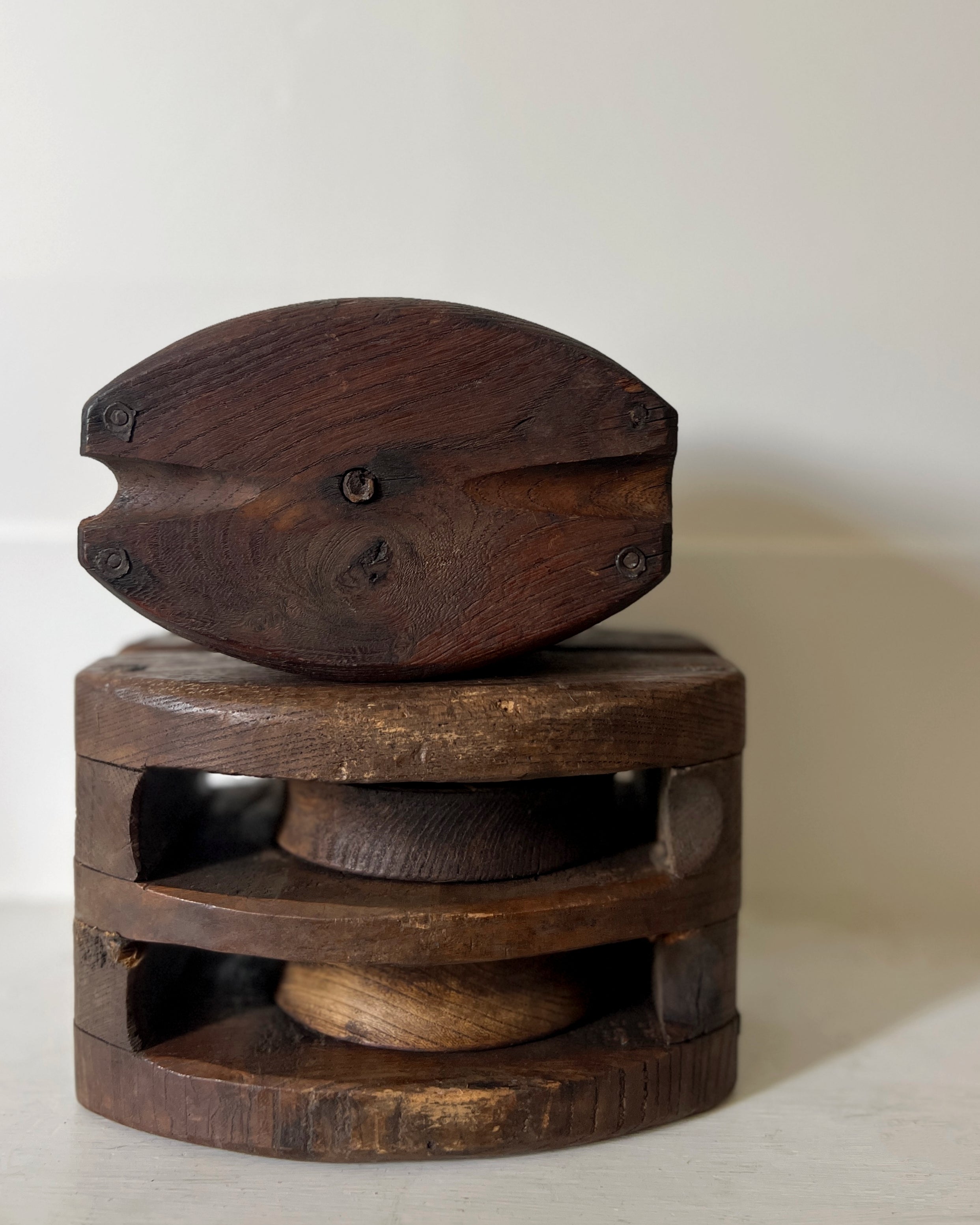 vintage japanese wooden double pulley