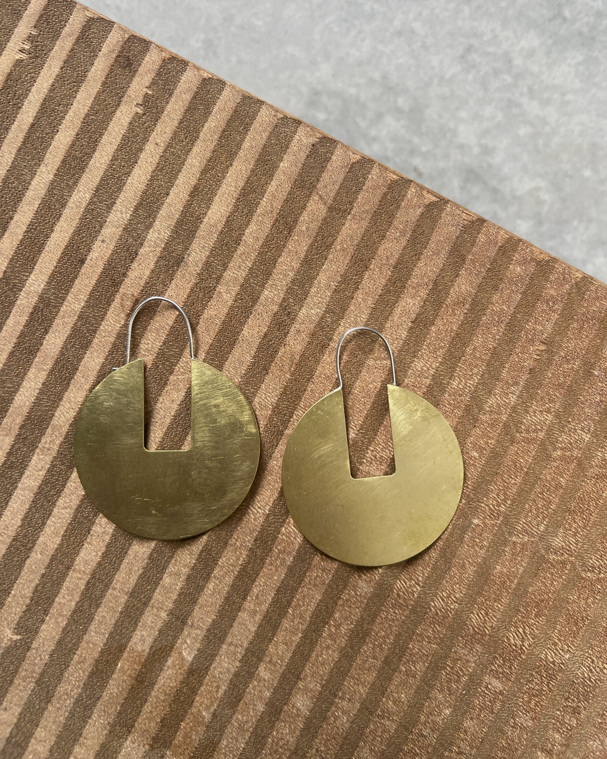 stacey vickery : large silver & brass disc earrings with rect cutout