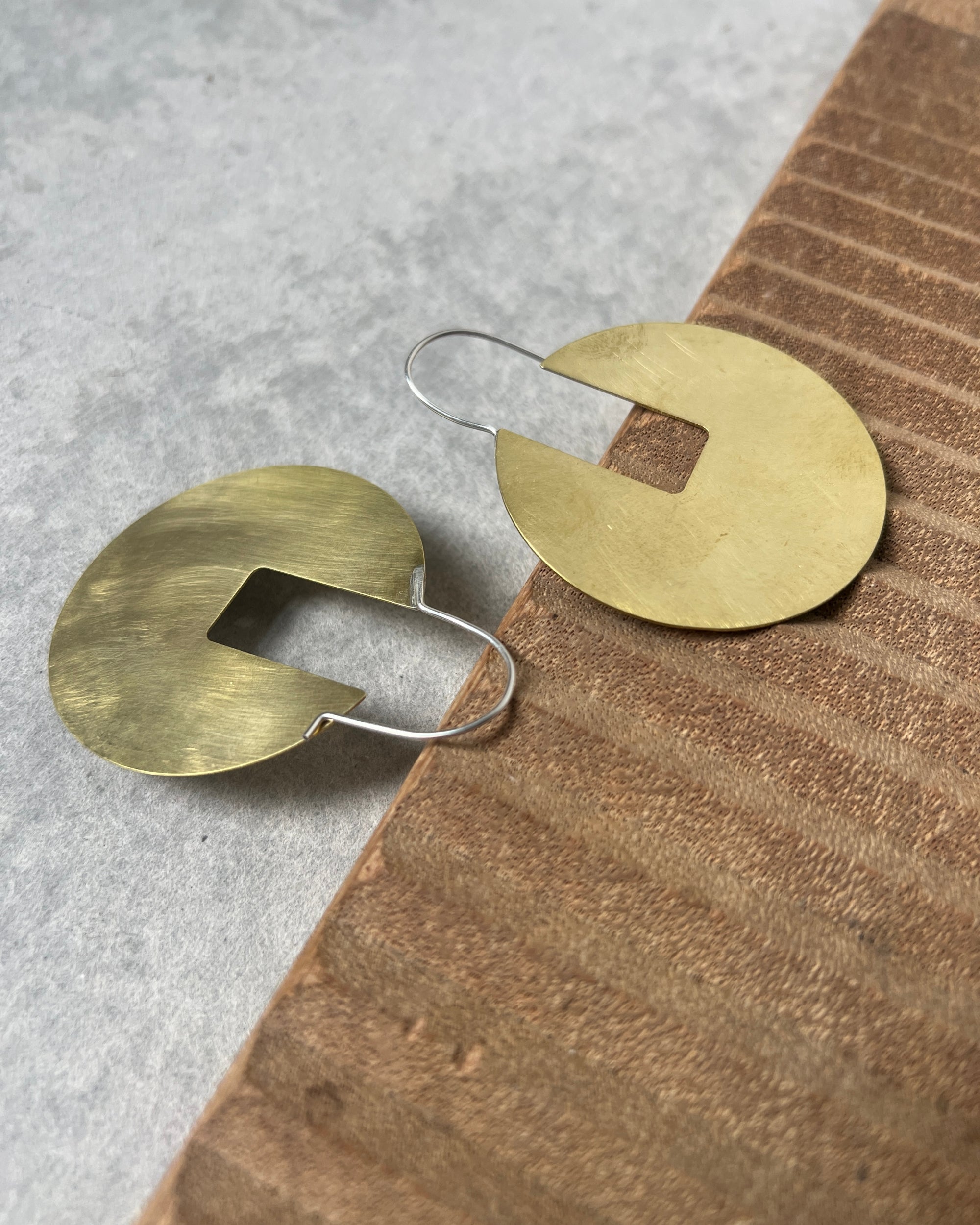 stacey vickery : large silver & brass disc earrings with rect cutout