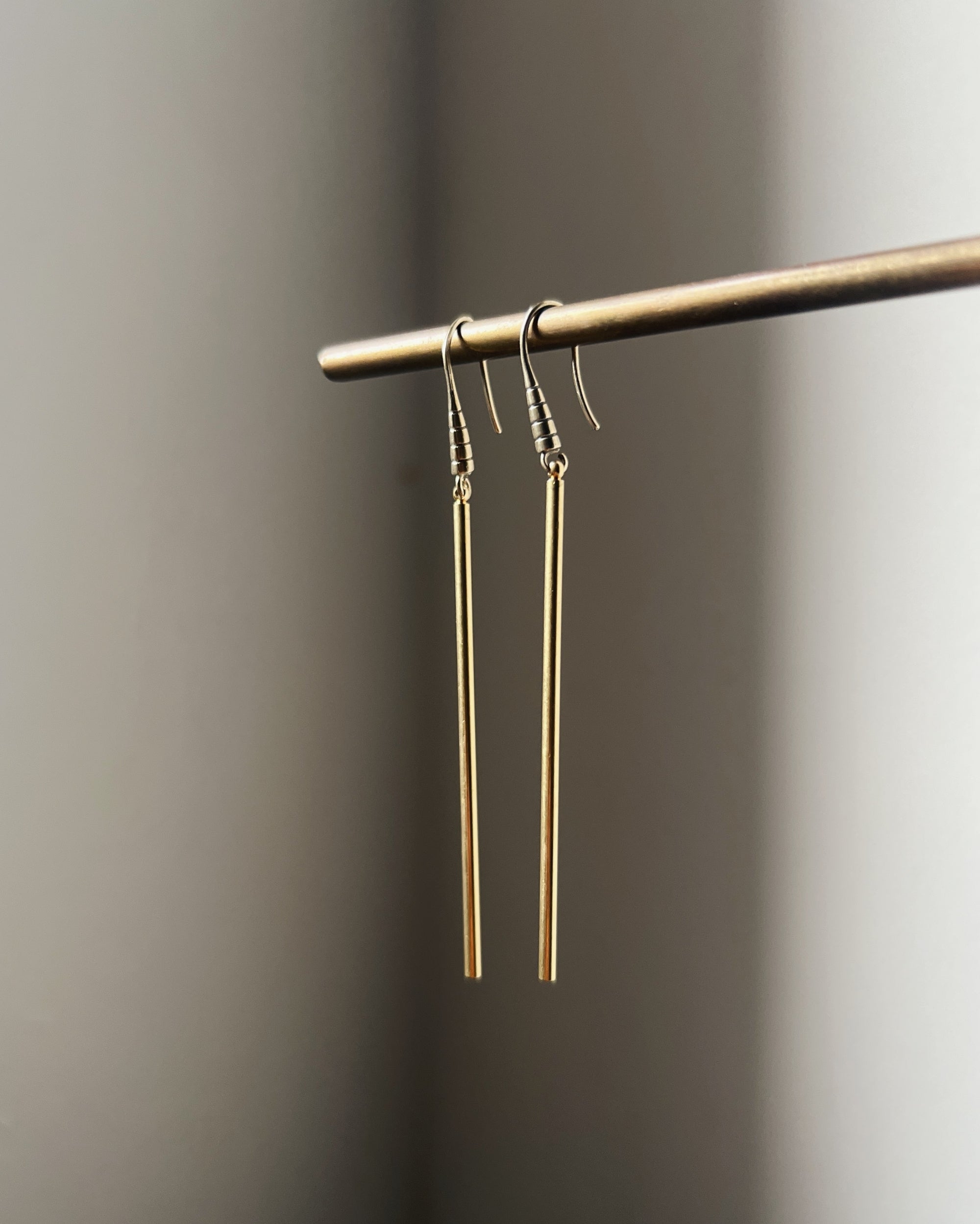 stacey vickery : long brass etched bar earrings