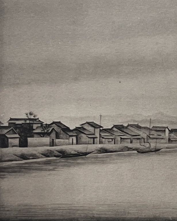 vintage japanese monochrome print : riverside view / the road