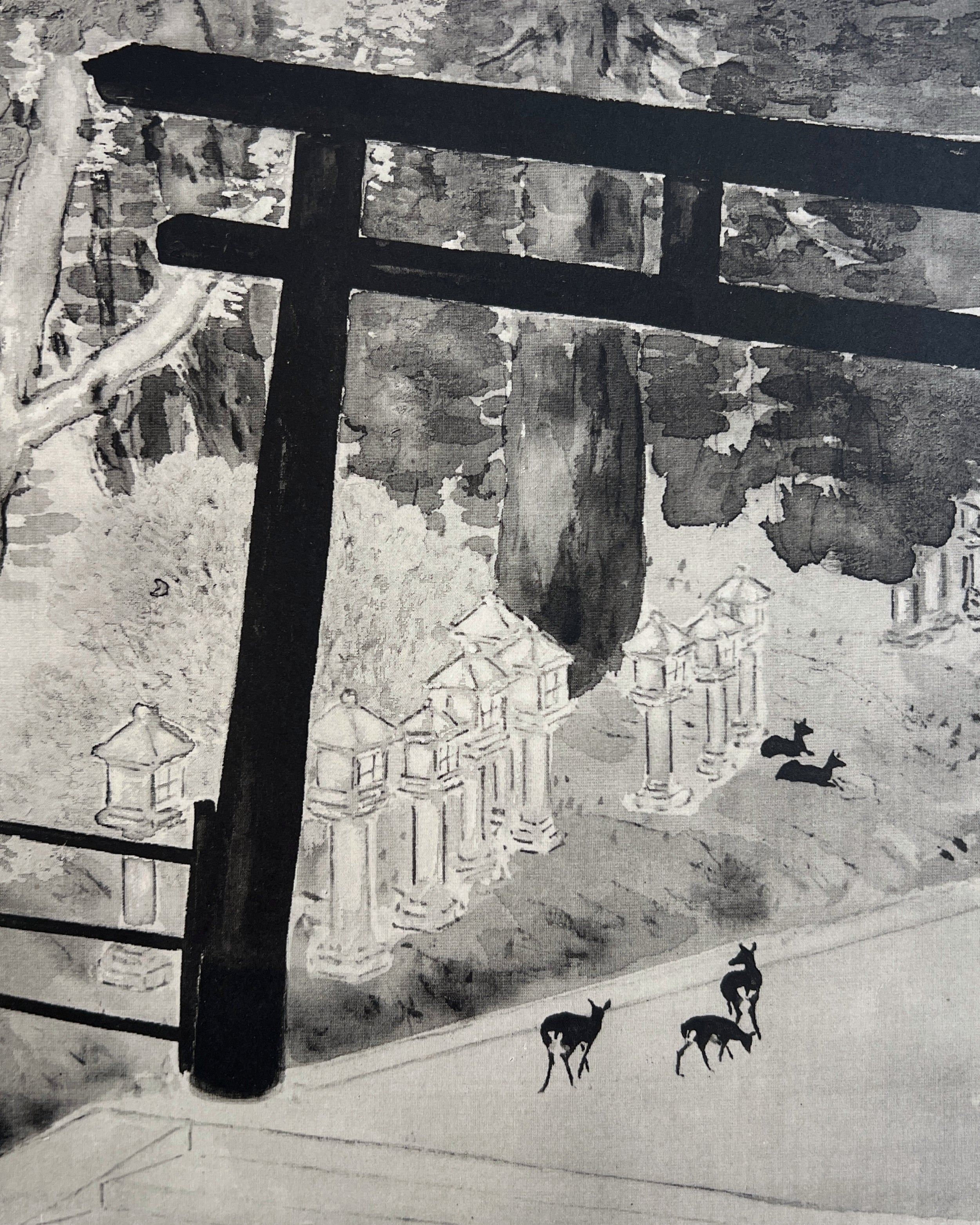 vintage japanese monochrome print : lantern shrine
