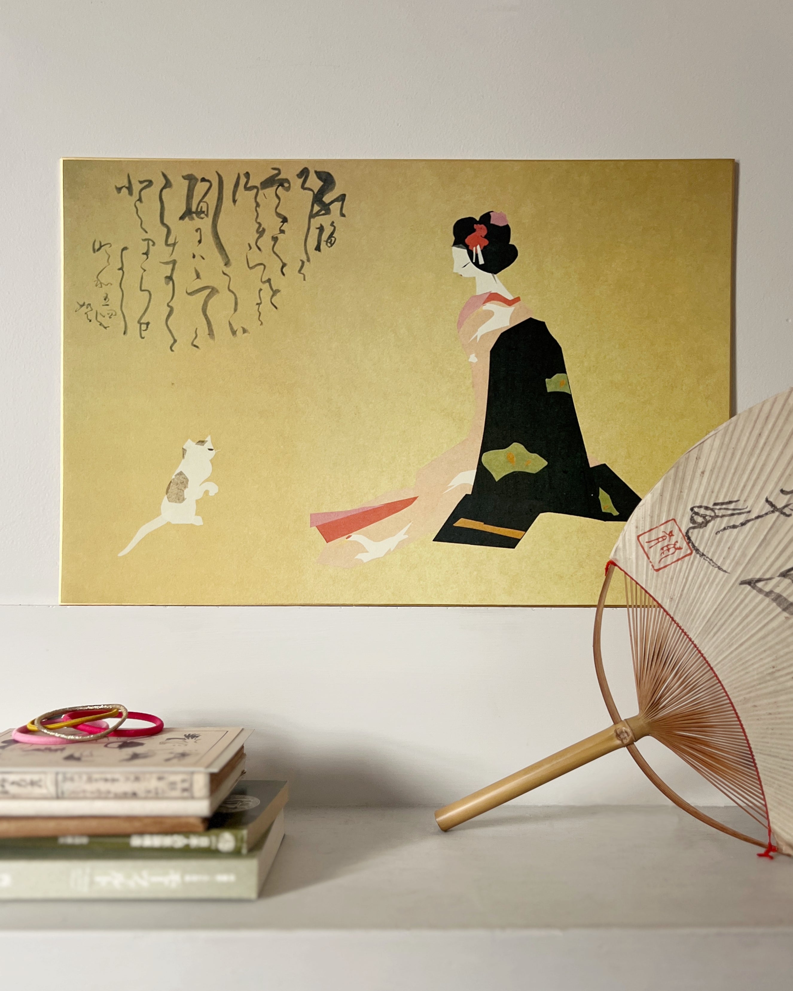 vintage japanese print : woman & cat