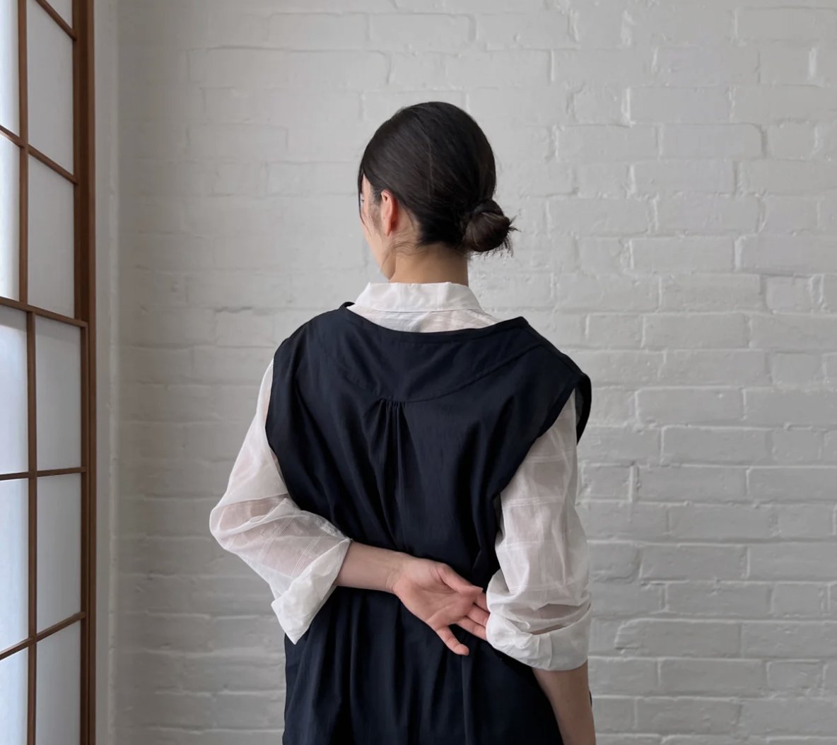model wearing our check linen quadro dress | the maker hobart