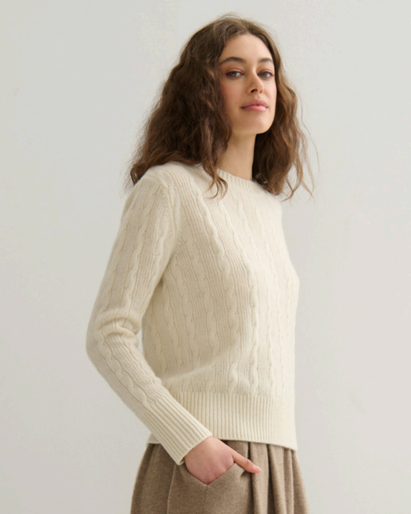 cashmerism : cable knit crew pullover in cream