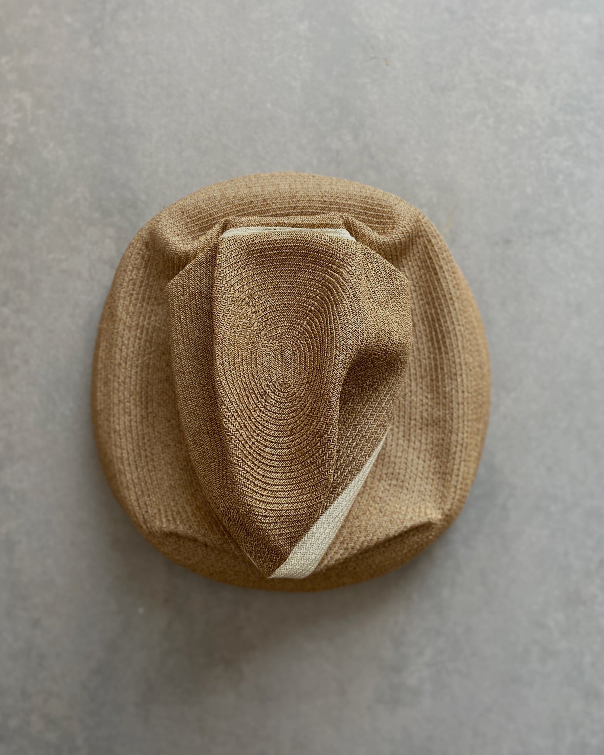 mature ha : boxed hat in oatmeal with chalk stripe