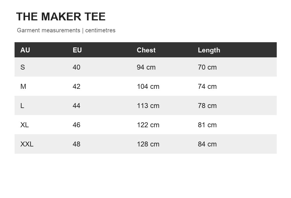 The Maker Classic Tee size chart