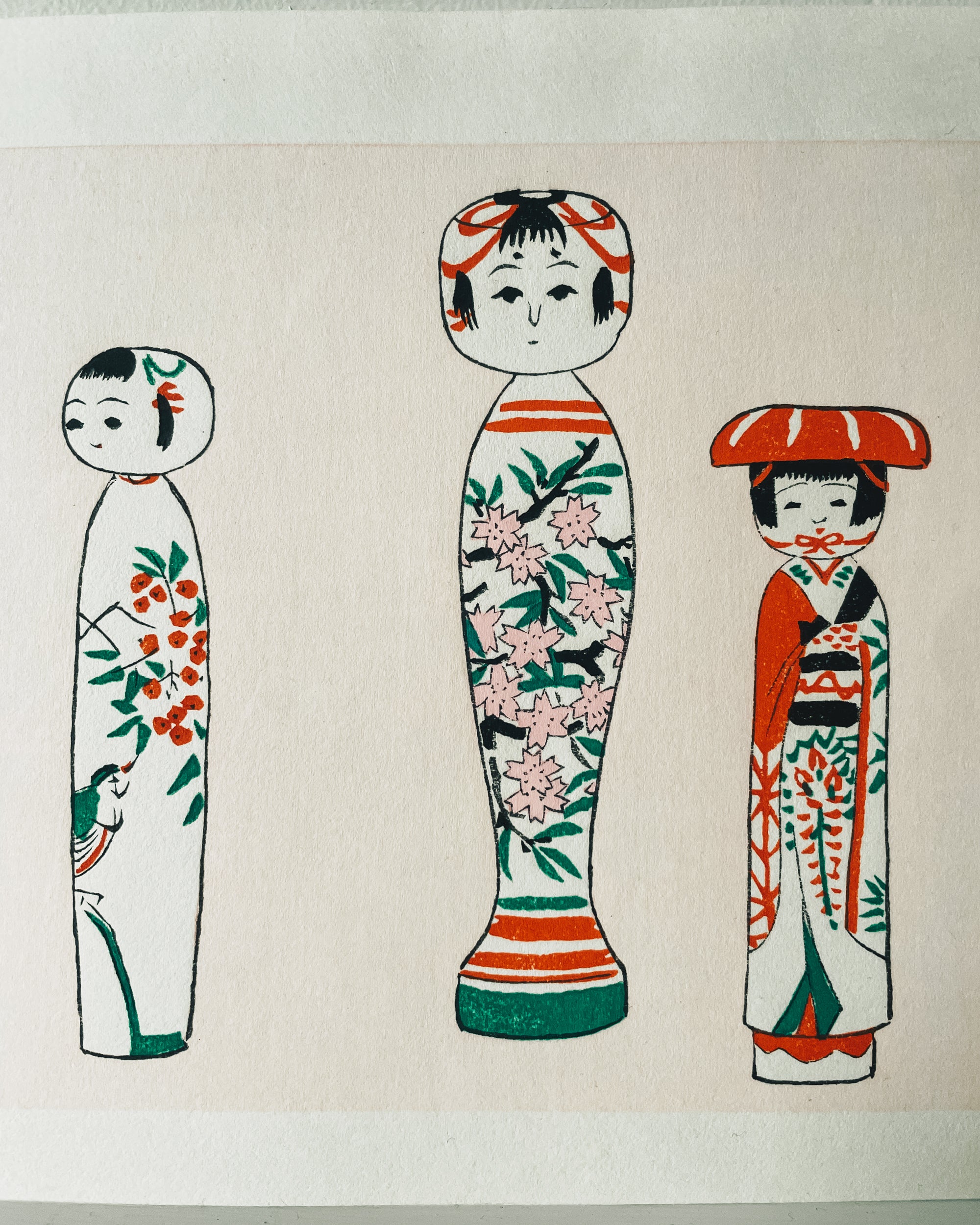 vintage kokeshi doll etching