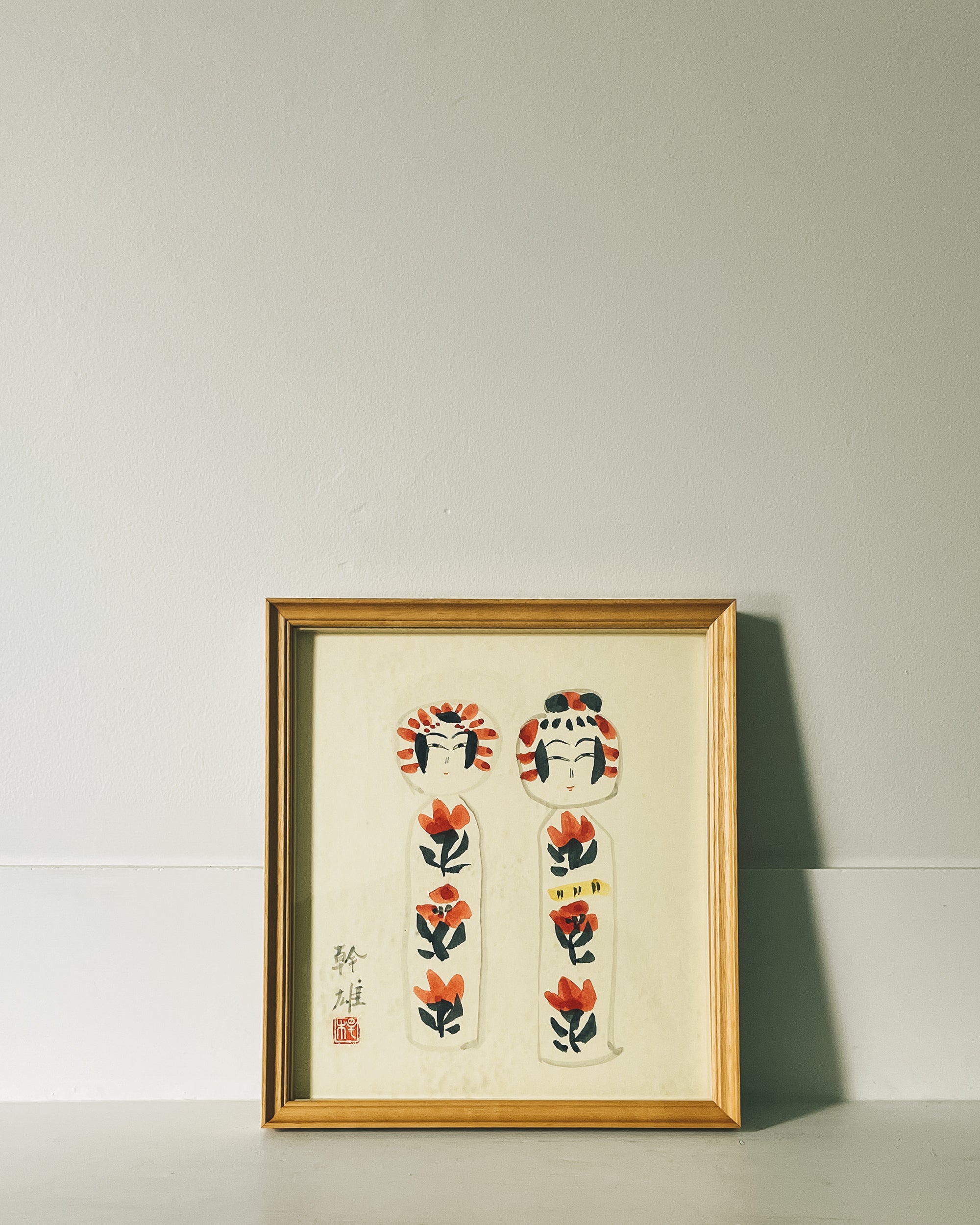 vintage framed kokeshi painting